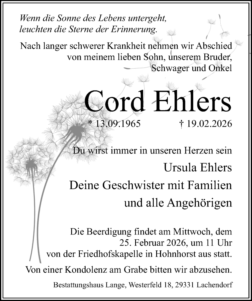  Traueranzeige für Cord Ehlers vom 21.02.2026 aus Cellesche Zeitung