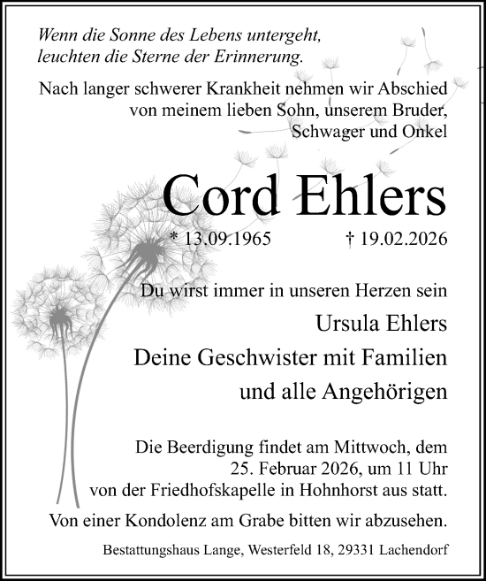Traueranzeige von Cord Ehlers von Cellesche Zeitung