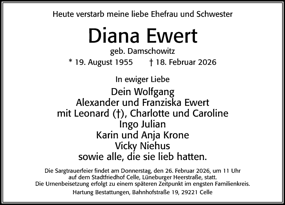  Traueranzeige für Diana Ewert vom 21.02.2026 aus Cellesche Zeitung
