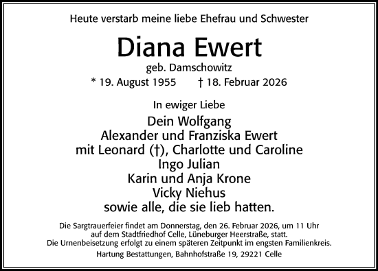 Traueranzeige von Diana Ewert von Cellesche Zeitung