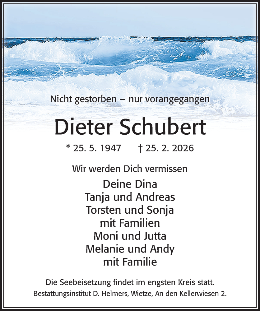  Traueranzeige für Dieter Schubert vom 28.02.2026 aus Cellesche Zeitung