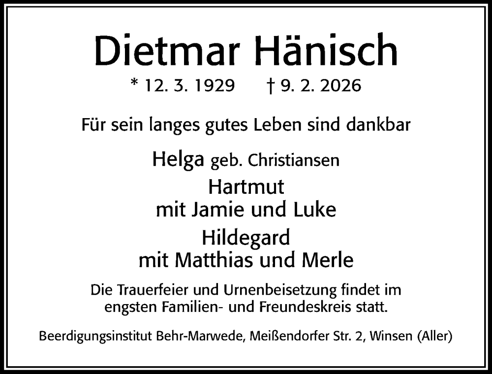  Traueranzeige für Dietmar Hänisch vom 14.02.2026 aus Cellesche Zeitung