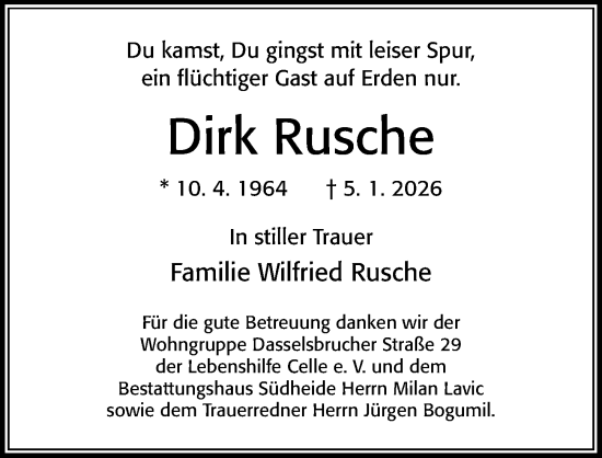 Traueranzeige von Dirk Rusche von Cellesche Zeitung
