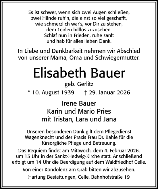 Traueranzeige von Elisabeth Bauer von Cellesche Zeitung
