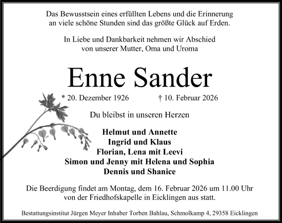 Traueranzeige von Enne Sander von Cellesche Zeitung