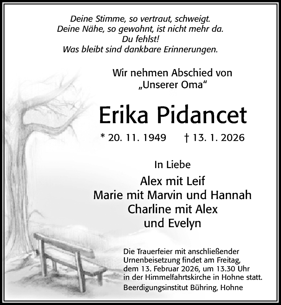  Traueranzeige für Erika Pidancet vom 07.02.2026 aus Cellesche Zeitung