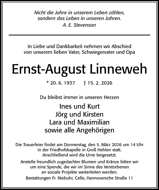Traueranzeige von Ernst-August Linneweh von Cellesche Zeitung