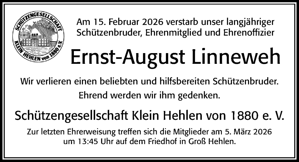  Traueranzeige für Ernst-August Linneweh vom 21.02.2026 aus Cellesche Zeitung