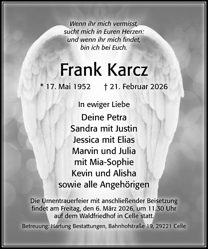  Traueranzeige für Frank Karcz vom 28.02.2026 aus Cellesche Zeitung