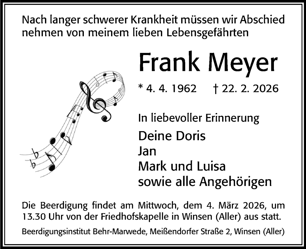  Traueranzeige für Frank Meyer vom 28.02.2026 aus Cellesche Zeitung