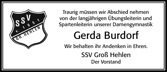 Traueranzeige von Gerda Burdorf von Cellesche Zeitung