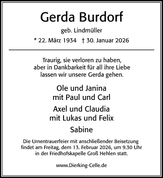 Traueranzeige von Gerda Burdorf von Cellesche Zeitung