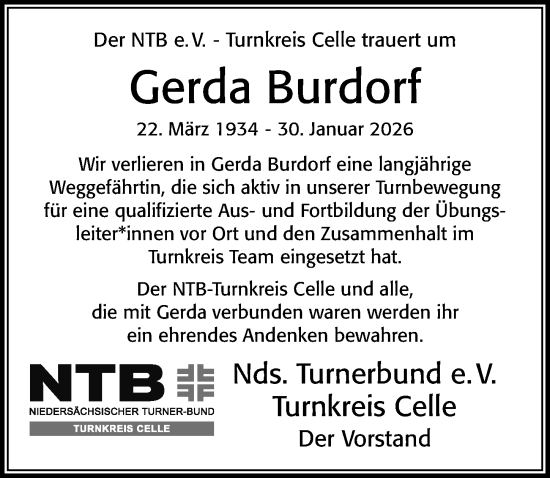 Traueranzeige von Gerda Burdorf von Cellesche Zeitung
