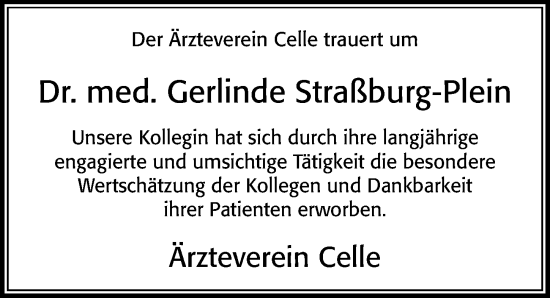 Traueranzeige von Gerlinde Straßburg-Plein von Cellesche Zeitung