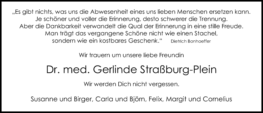  Traueranzeige für Gerlinde Straßburg-Plein vom 21.02.2026 aus Cellesche Zeitung