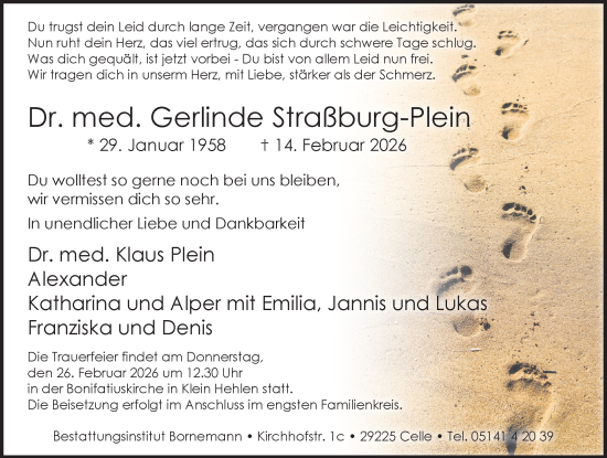 Traueranzeige von Gerlinde Straßburg-Plein von Cellesche Zeitung