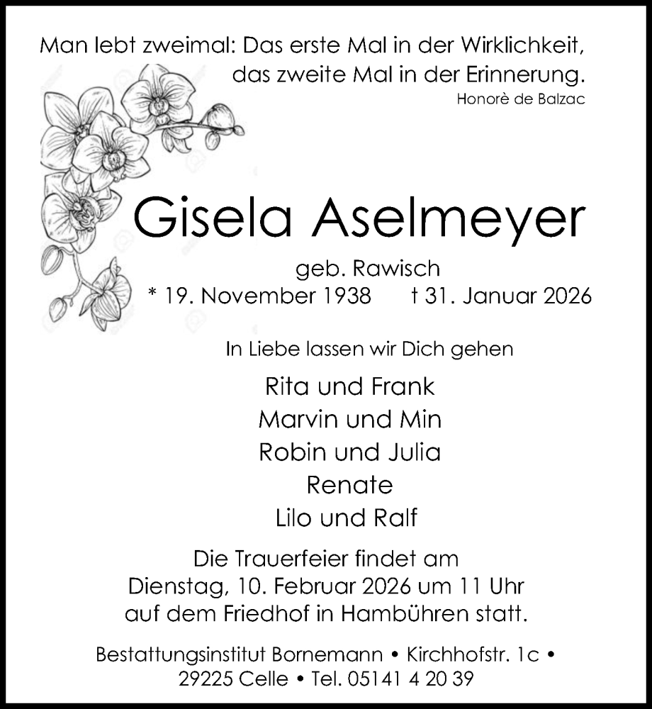  Traueranzeige für Gisela Aselmeyer vom 07.02.2026 aus Cellesche Zeitung