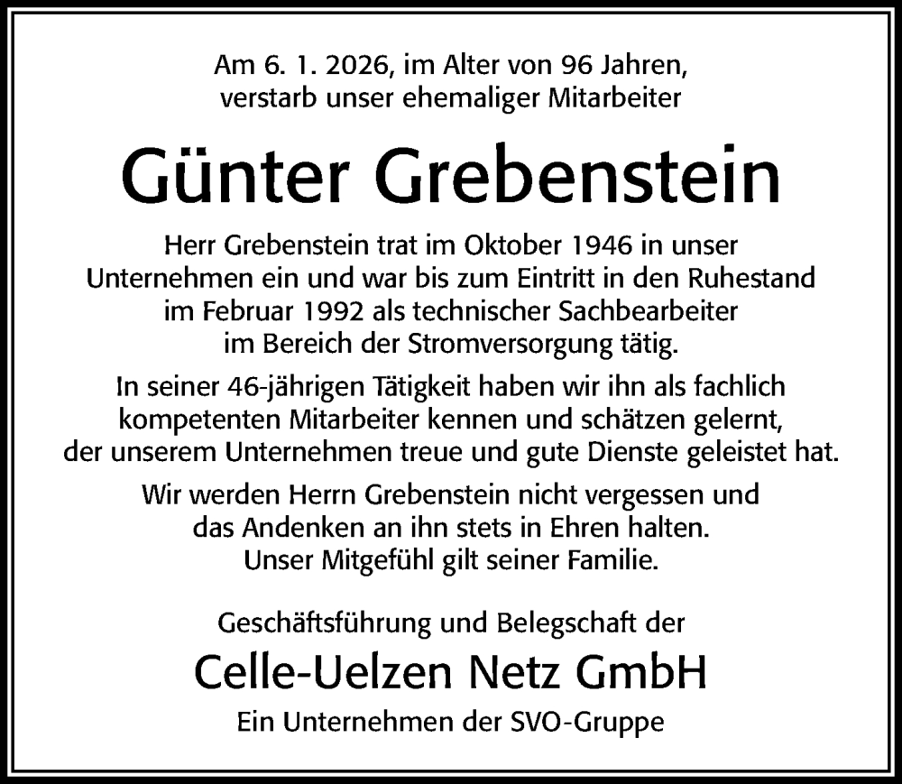  Traueranzeige für Günter Grebenstein vom 23.02.2026 aus Cellesche Zeitung