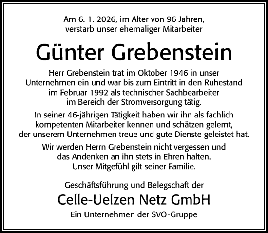 Traueranzeige von Günter Grebenstein von Cellesche Zeitung