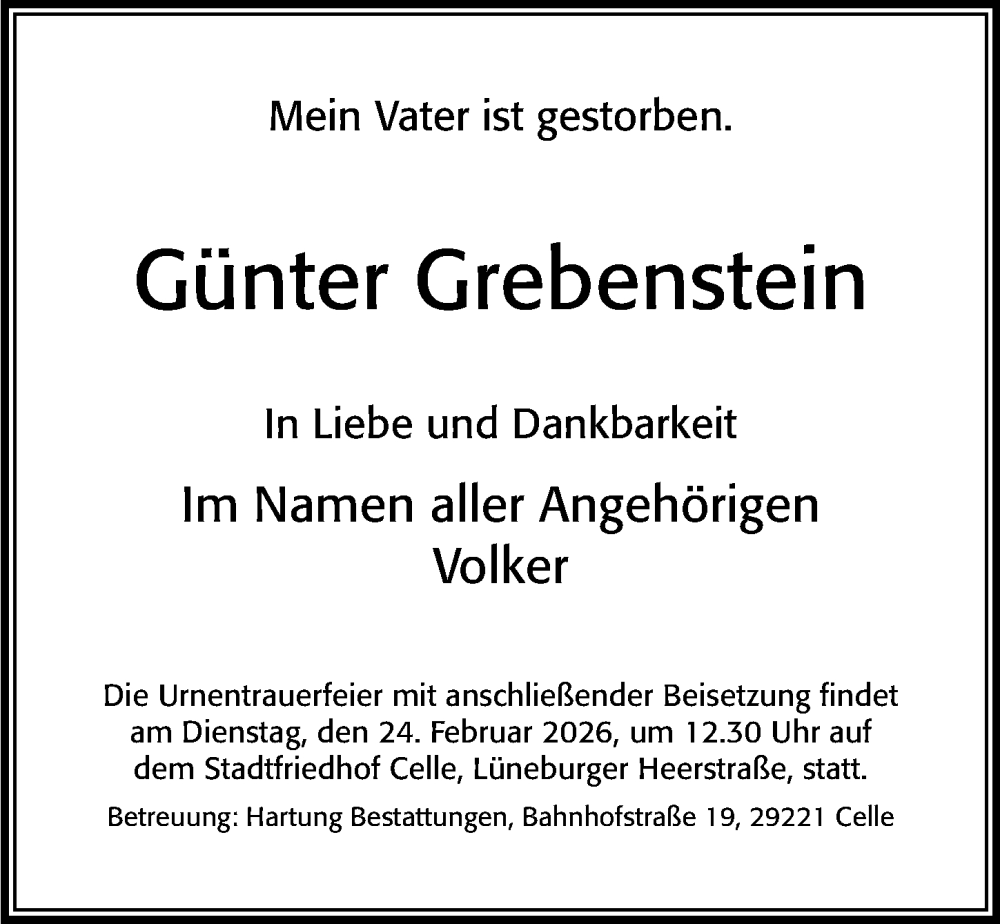 Traueranzeige für Günter Grebenstein vom 23.02.2026 aus Cellesche Zeitung