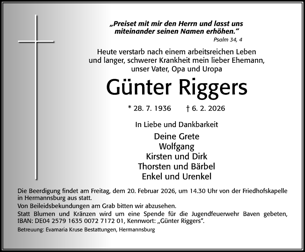  Traueranzeige für Günter Riggers vom 13.02.2026 aus Cellesche Zeitung