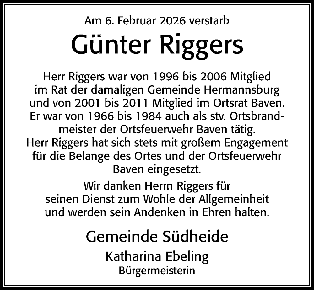  Traueranzeige für Günter Riggers vom 13.02.2026 aus Cellesche Zeitung