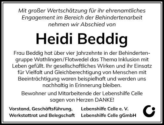Traueranzeige von Heidi Beddig von Cellesche Zeitung