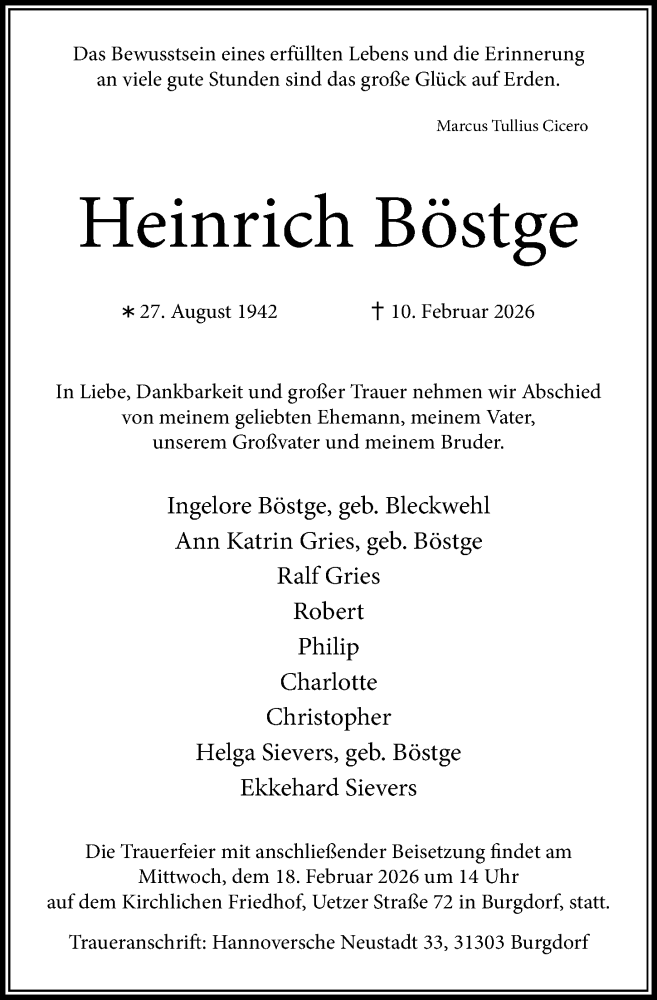  Traueranzeige für Heinrich Böstge vom 14.02.2026 aus Cellesche Zeitung