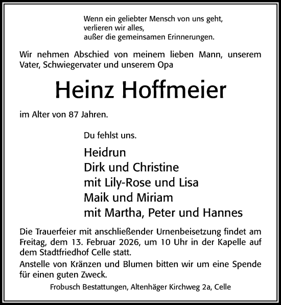 Traueranzeige von Heinz Hoffmeier von Cellesche Zeitung