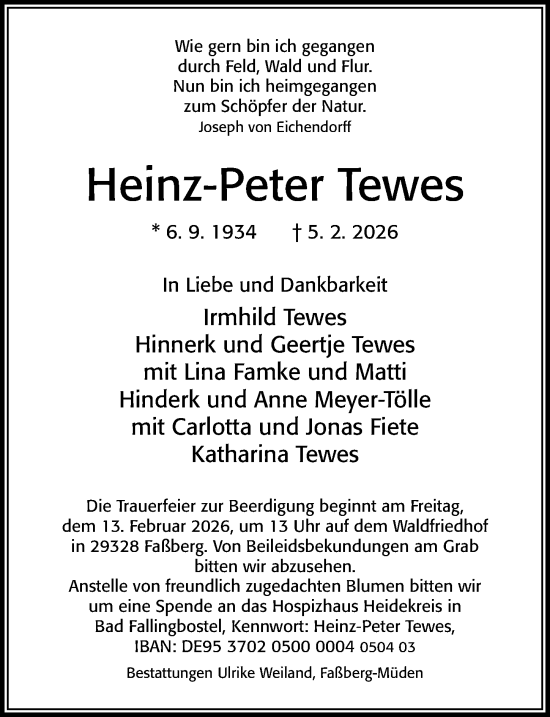 Traueranzeige von Heinz-Peter Tewes von Cellesche Zeitung