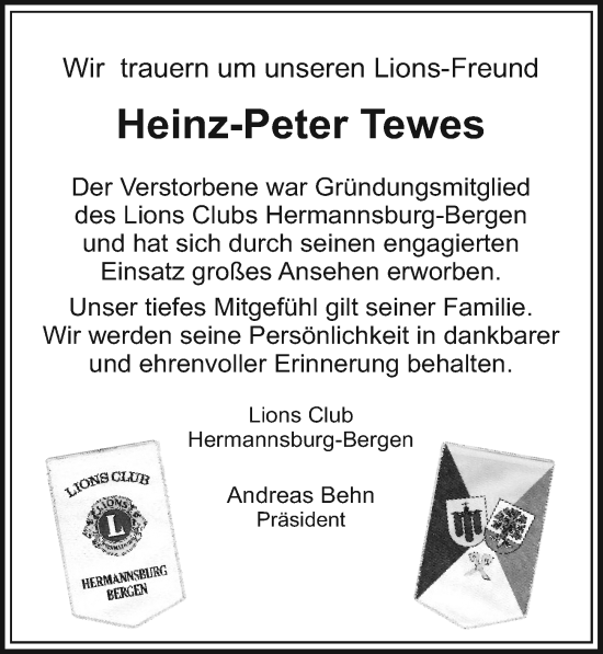 Traueranzeige von Heinz-Peter Tewes von Cellesche Zeitung