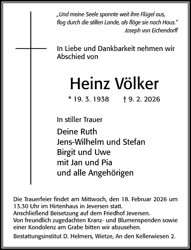  Traueranzeige für Heinz Völker vom 14.02.2026 aus Cellesche Zeitung