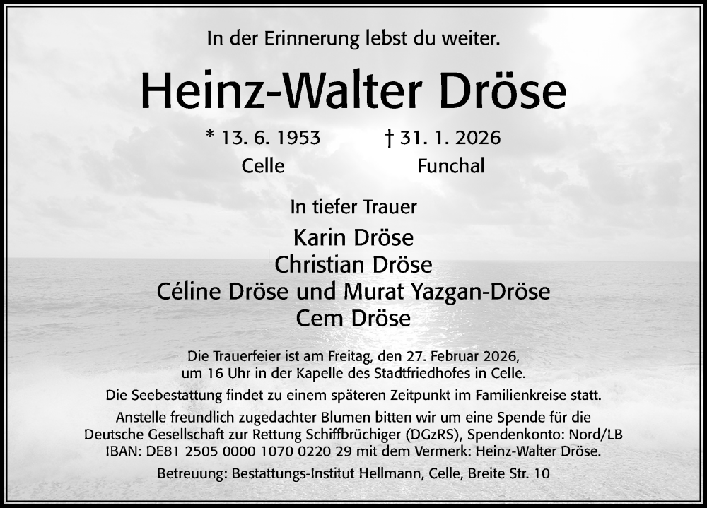  Traueranzeige für Heinz-Walter Dröse vom 21.02.2026 aus Cellesche Zeitung