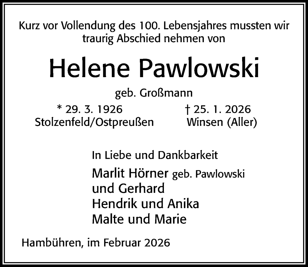  Traueranzeige für Helene Pawlowski vom 14.02.2026 aus Cellesche Zeitung