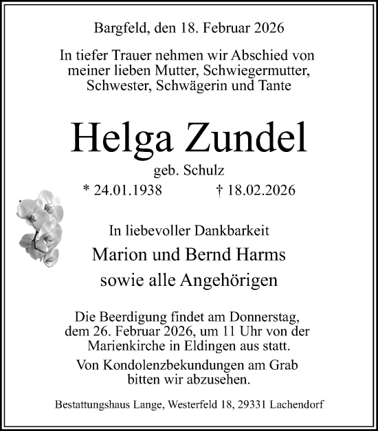 Traueranzeige von Helga Zundel von Cellesche Zeitung