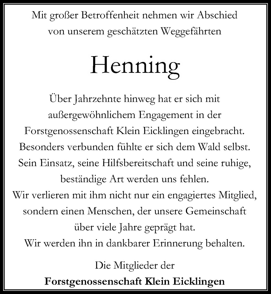  Traueranzeige für Henning Hirsch vom 21.02.2026 aus Cellesche Zeitung