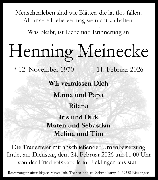Traueranzeige von Henning Meinecke von Cellesche Zeitung