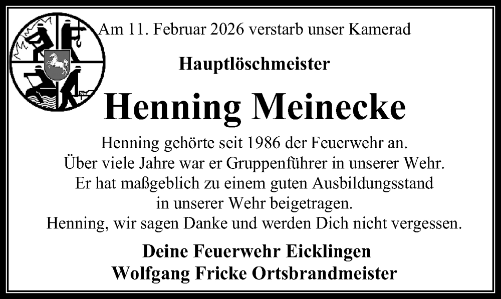  Traueranzeige für Henning Meinecke vom 14.02.2026 aus Cellesche Zeitung