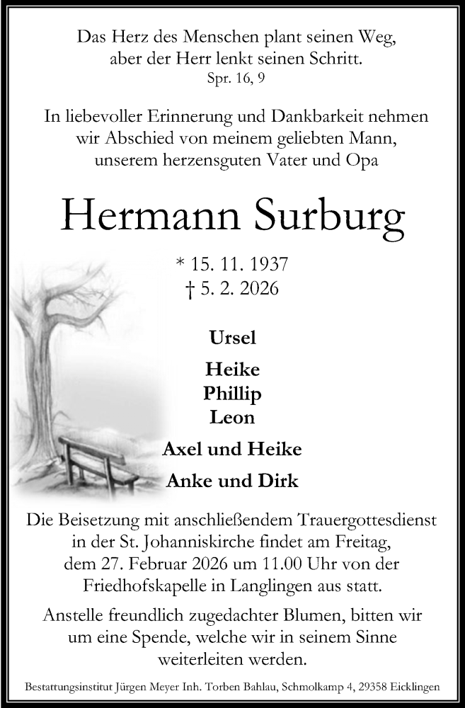  Traueranzeige für Hermann Surburg vom 14.02.2026 aus Cellesche Zeitung