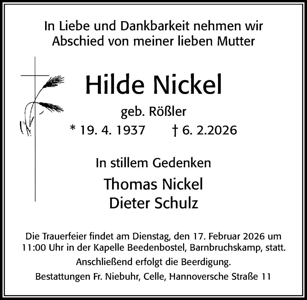  Traueranzeige für Hilde Nickel vom 14.02.2026 aus Cellesche Zeitung
