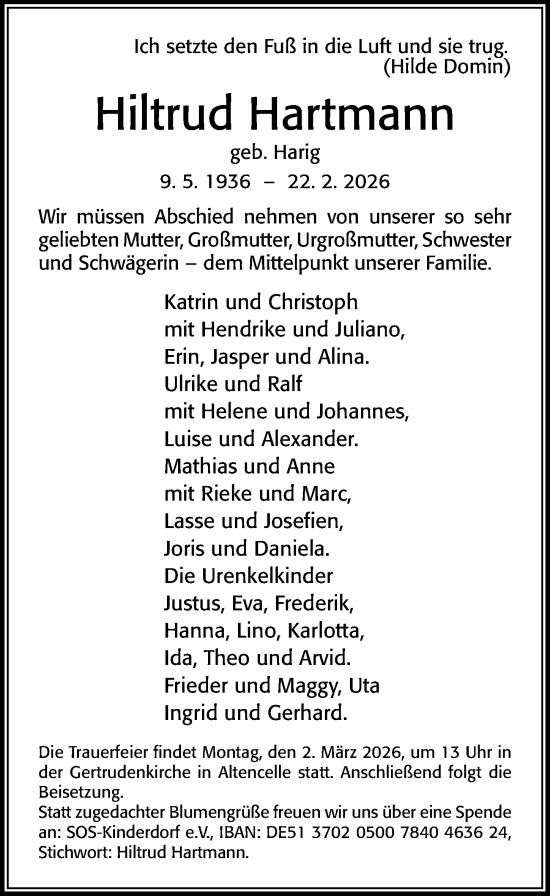 Traueranzeige von Hiltrud Hartmann von Cellesche Zeitung