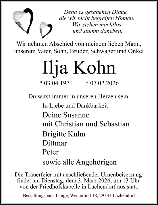 Traueranzeige von Ilja Kohn von Cellesche Zeitung