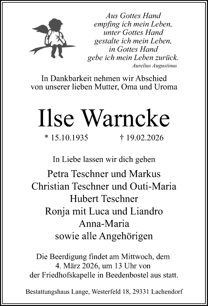  Traueranzeige für Ilse Warncke vom 25.02.2026 aus Cellesche Zeitung