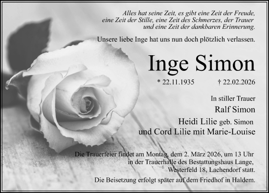 Traueranzeige von Inge Simon von Cellesche Zeitung