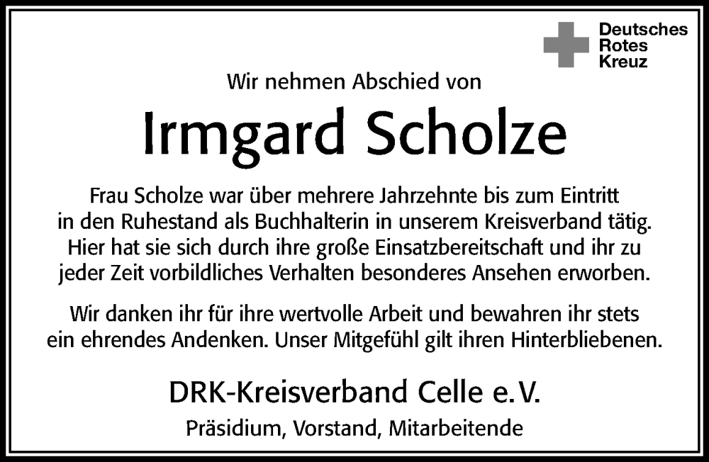  Traueranzeige für Irmgard Scholze vom 03.02.2026 aus Cellesche Zeitung