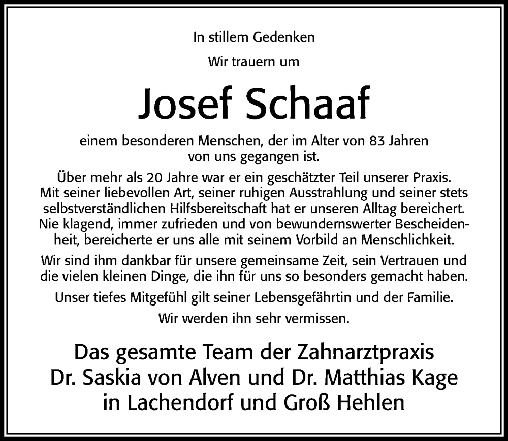  Traueranzeige für Josef Schaaf vom 28.02.2026 aus Cellesche Zeitung