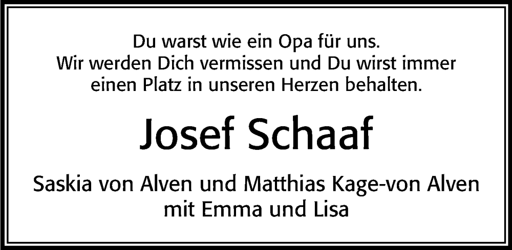  Traueranzeige für Josef Schaaf vom 28.02.2026 aus Cellesche Zeitung
