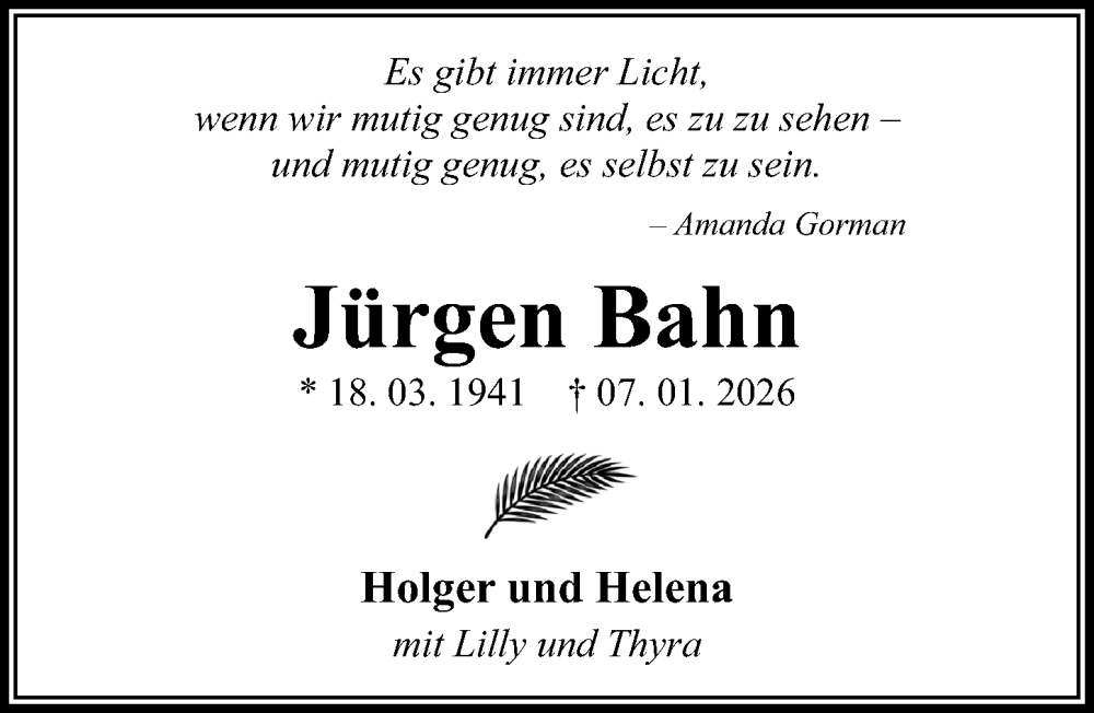  Traueranzeige für Jürgen Bahn vom 07.02.2026 aus Cellesche Zeitung