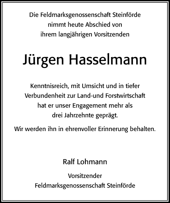 Traueranzeige von Jürgen Hasselmann von Cellesche Zeitung