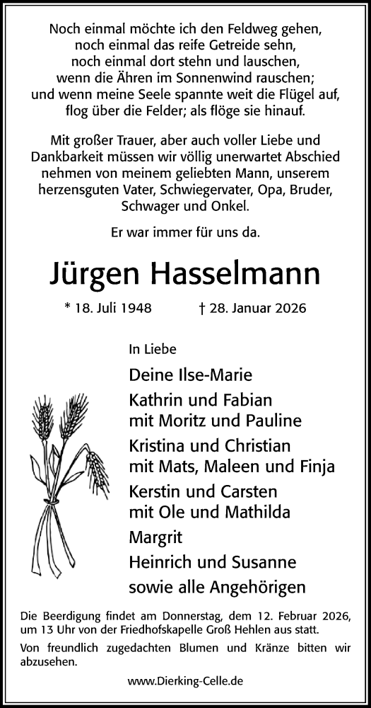  Traueranzeige für Jürgen Hasselmann vom 07.02.2026 aus Cellesche Zeitung